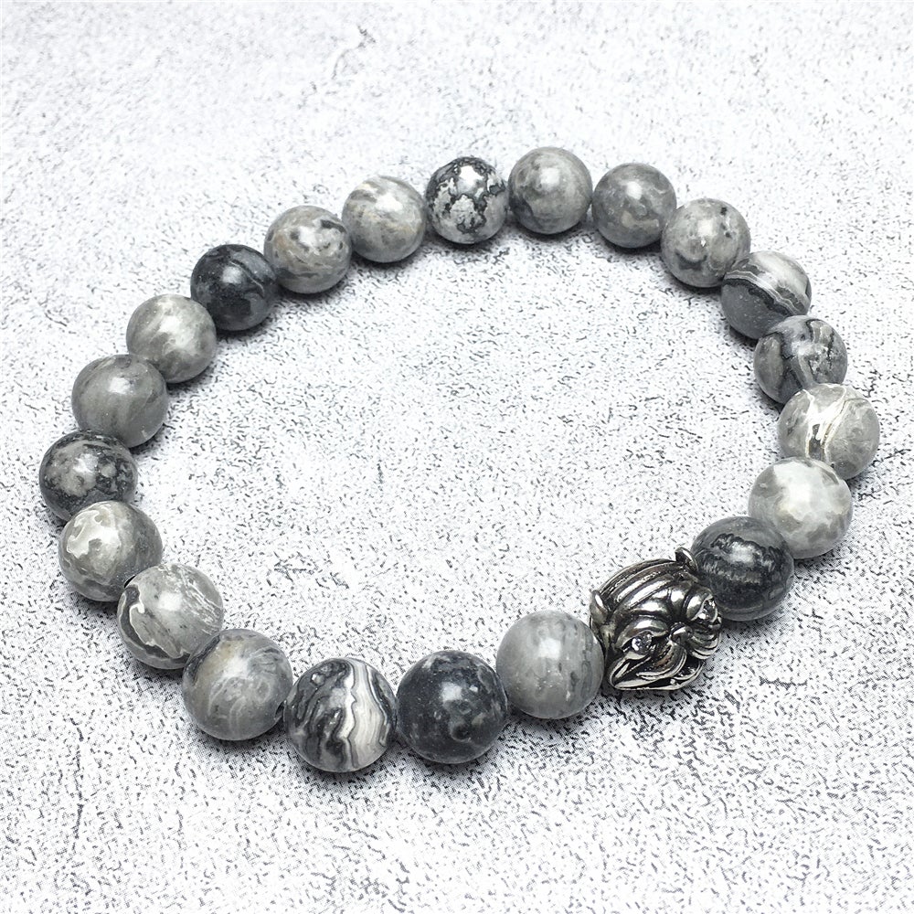 Natural Map Stone Beaded Gemstone Bracelet American Bully Pitbull Charm Jewelry
