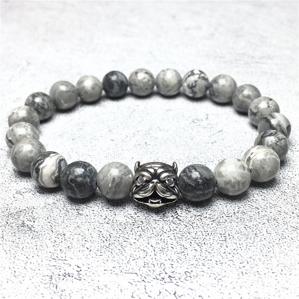 Natural Map Stone Beaded Gemstone Bracelet American Bully Pitbull Charm Jewelry