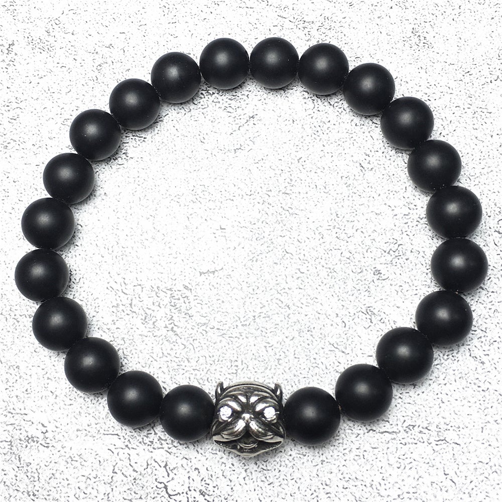 Natural Matte Onyx Beaded Gemstone Bracelet American Bully Pitbull Charm Jewelry