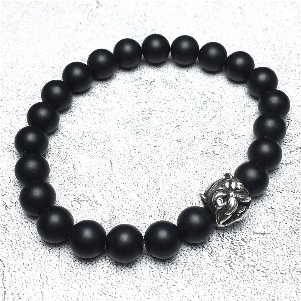 Natural Matte Onyx Beaded Gemstone Bracelet American Bully Pitbull Charm Jewelry