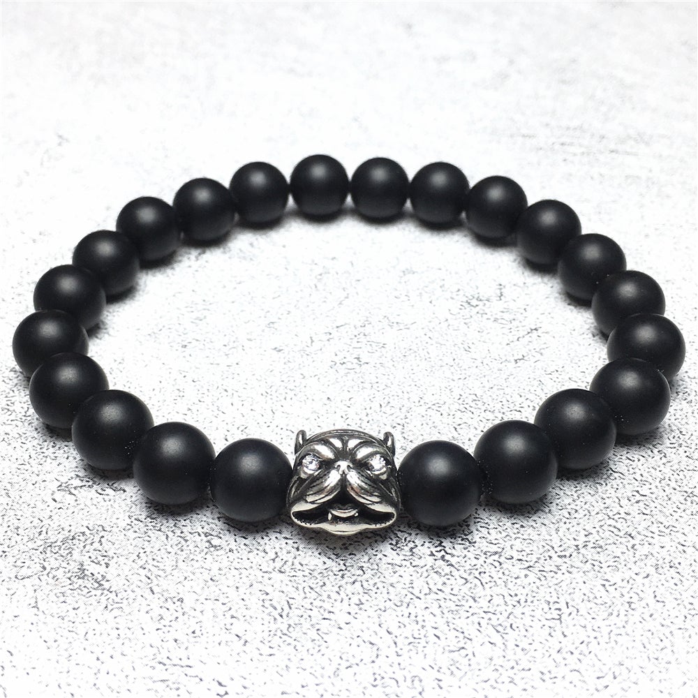 Natural Matte Onyx Beaded Gemstone Bracelet American Bully Pitbull Charm Jewelry