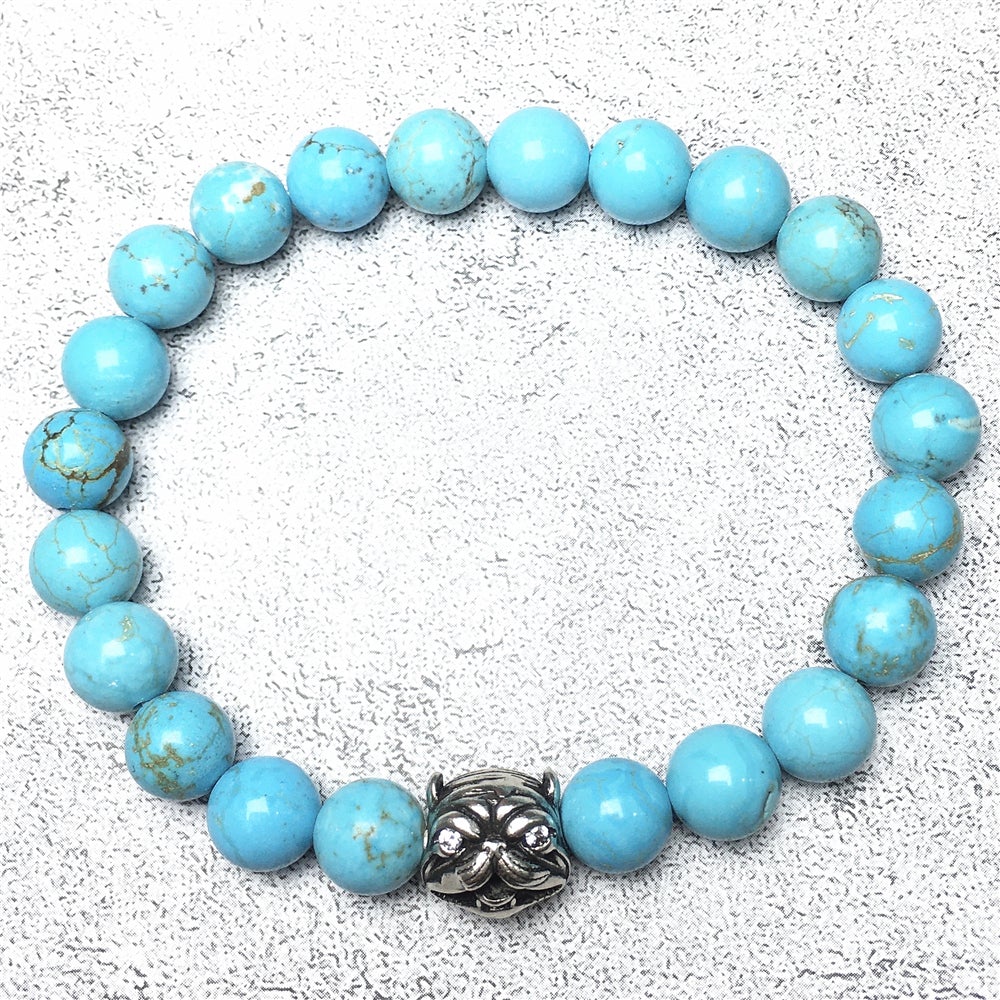 Natural Blue Turquoise Beaded Gemstone Bracelet American Bully Pitbull Charm Jewelry