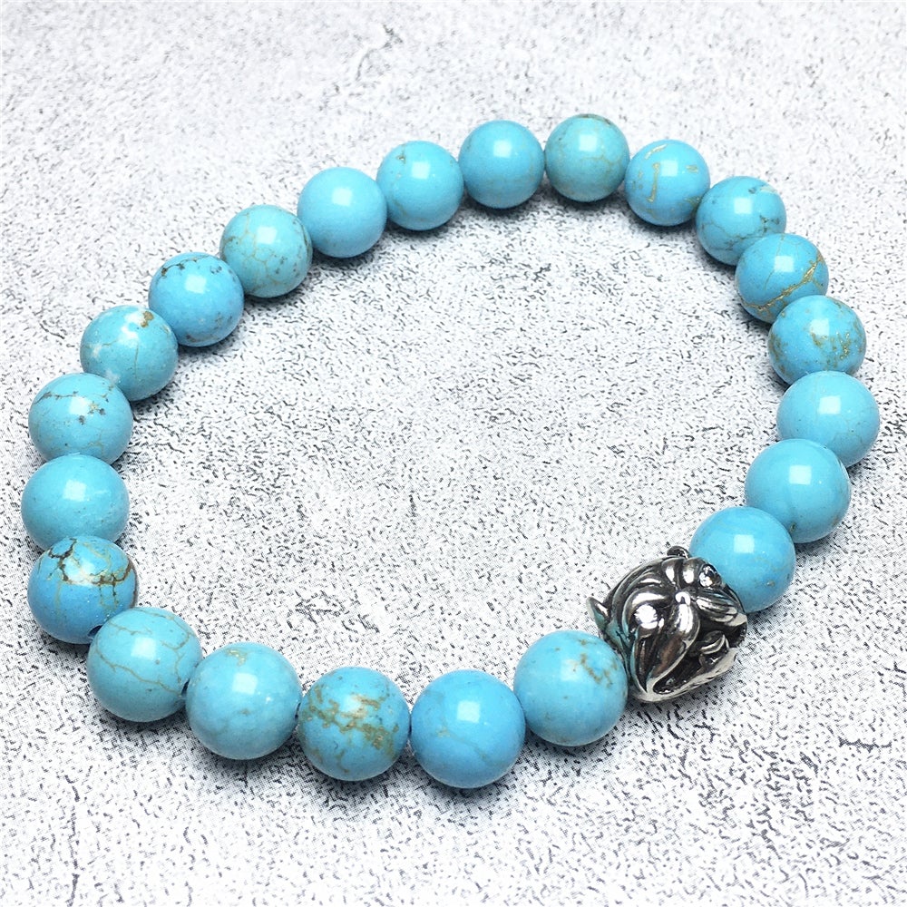 Natural Blue Turquoise Beaded Gemstone Bracelet American Bully Pitbull Charm Jewelry