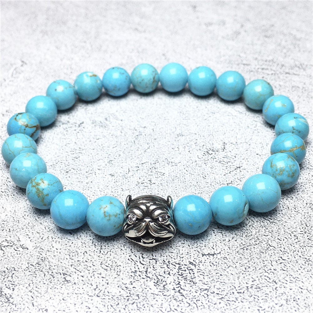 Natural Blue Turquoise Beaded Gemstone Bracelet American Bully Pitbull Charm Jewelry