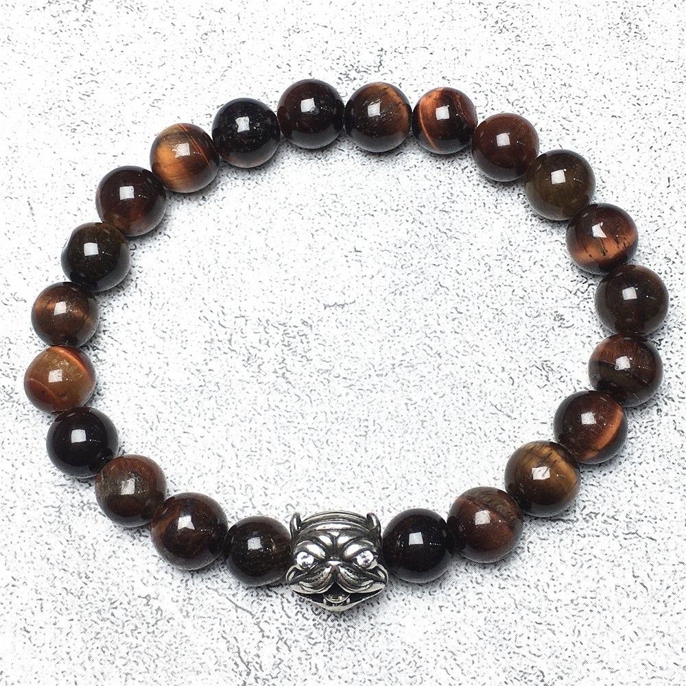 Natural Red Tiger Eye Beaded Gemstone Bracelet American Bully Pitbull Charm Jewelry