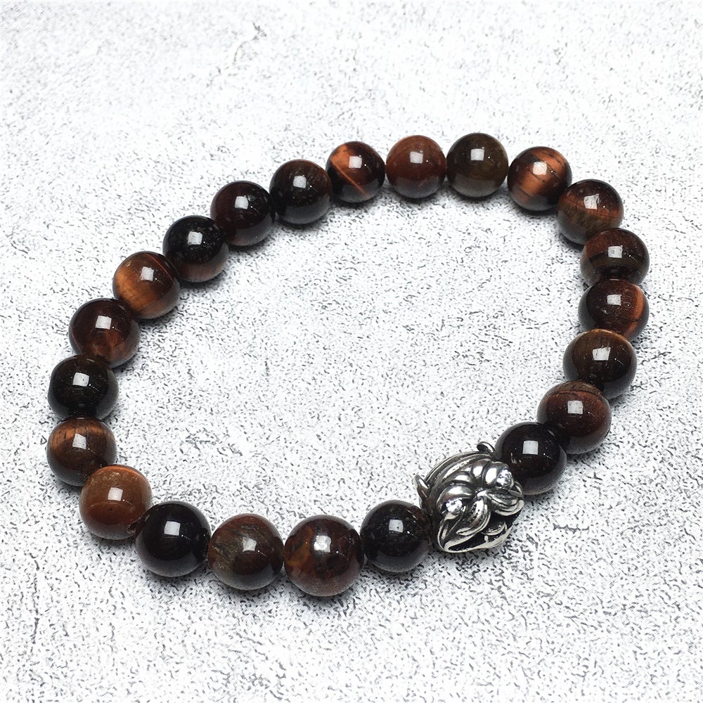 Natural Red Tiger Eye Beaded Gemstone Bracelet American Bully Pitbull Charm Jewelry