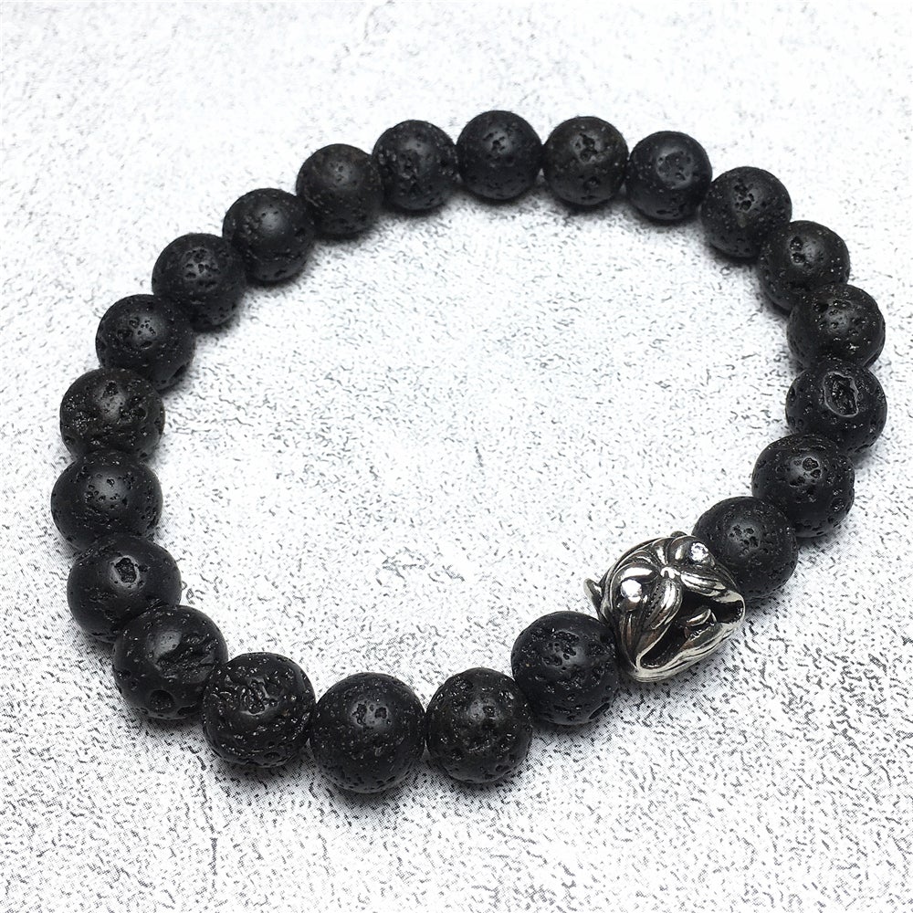 Natural Lava Stone Beaded Gemstone Bracelet American Bully Pitbull Charm Jewelry