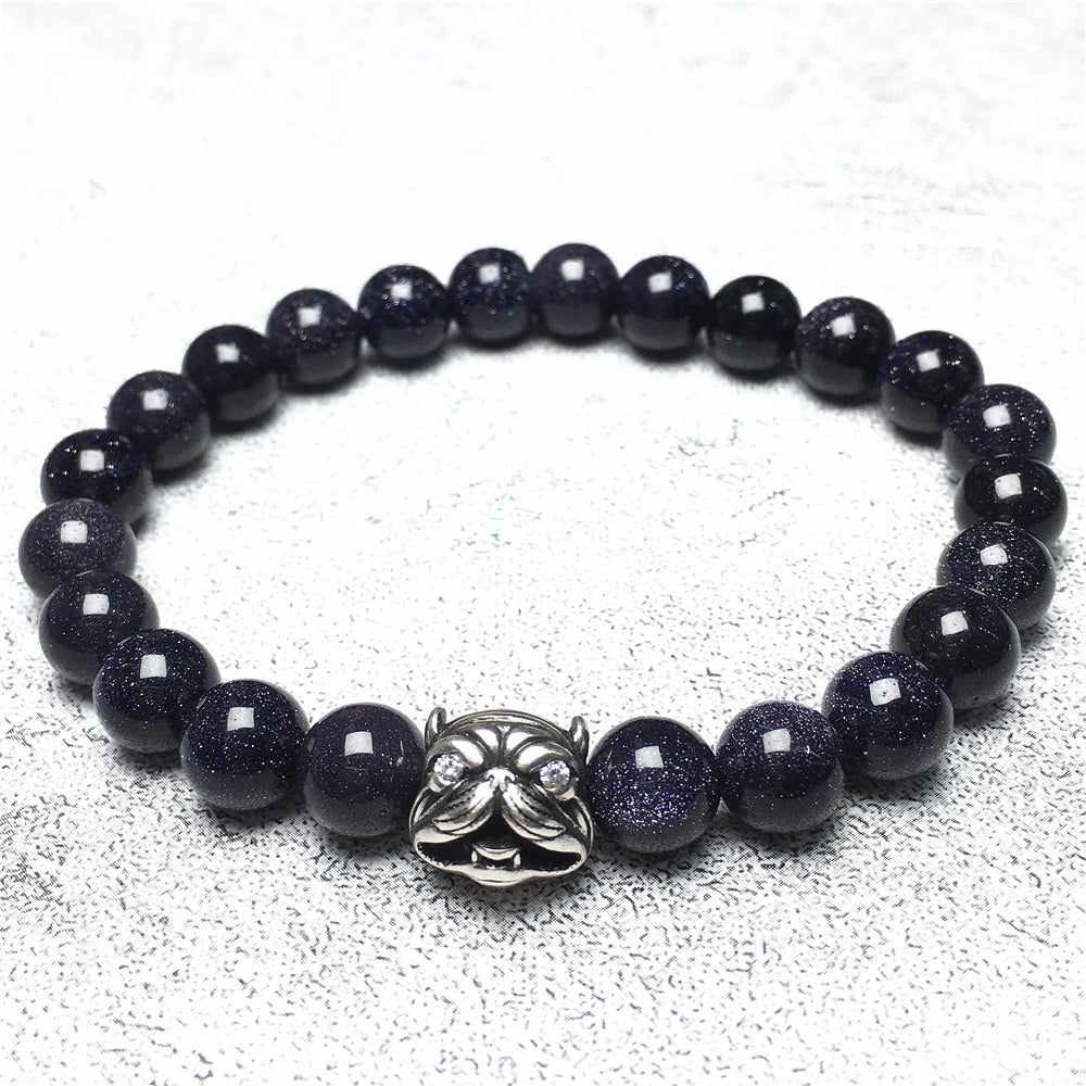 Natural Blue Sandstone Beaded Gemstone Bracelet American Bully Pitbull Charm Jewelry