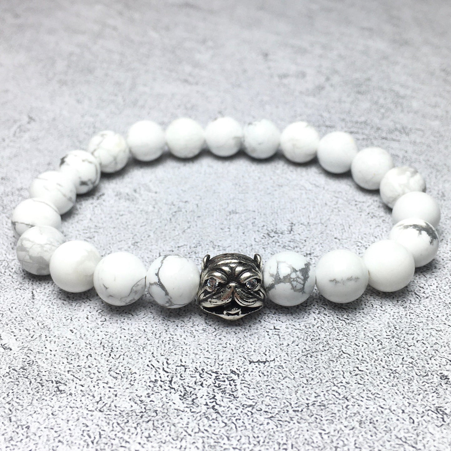 Natural Howlite Beaded Gemstone Bracelet American Bully Pitbull Charm Jewelry