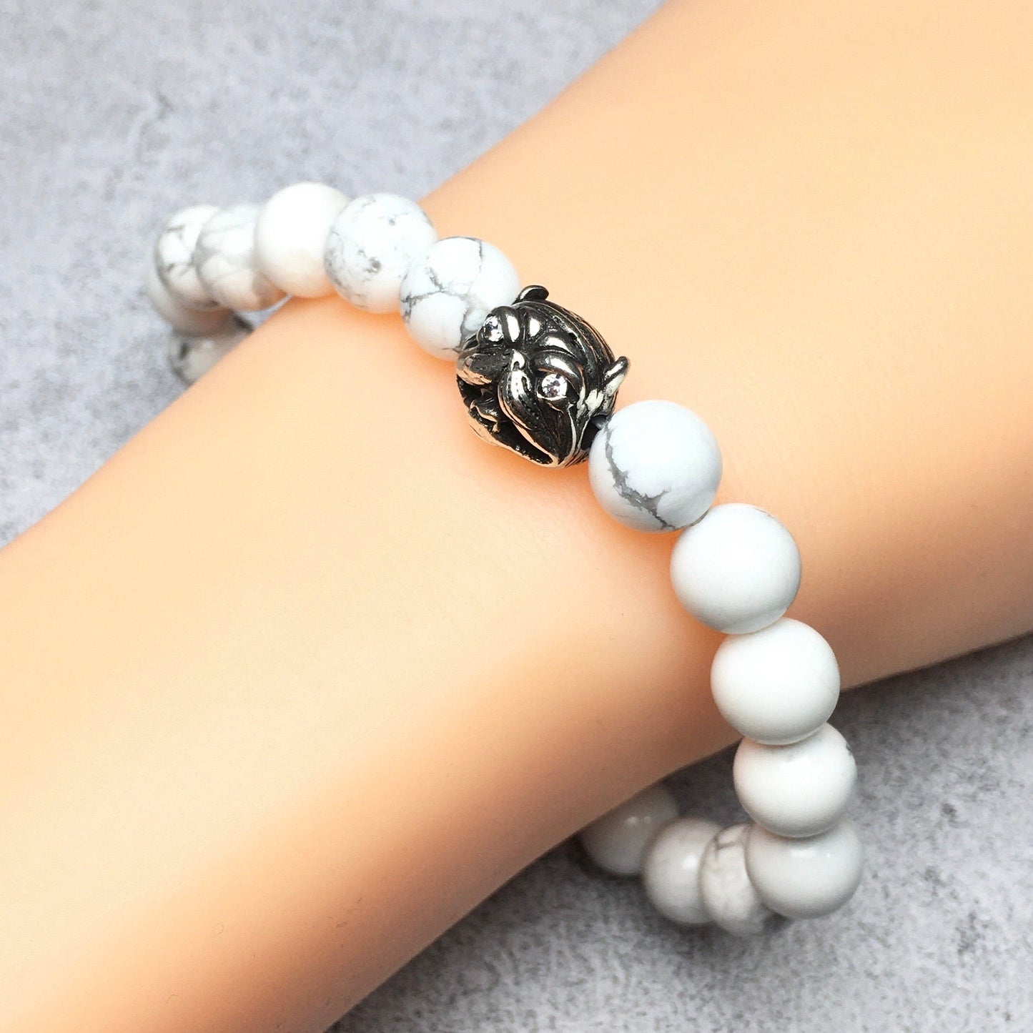 Natural Howlite Beaded Gemstone Bracelet American Bully Pitbull Charm Jewelry