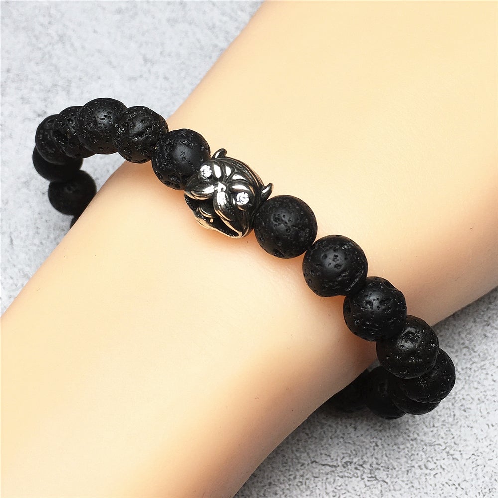 Natural Lava Stone Beaded Gemstone Bracelet American Bully Pitbull Charm Jewelry