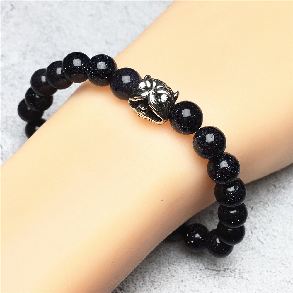 Natural Blue Sandstone Beaded Gemstone Bracelet American Bully Pitbull Charm Jewelry