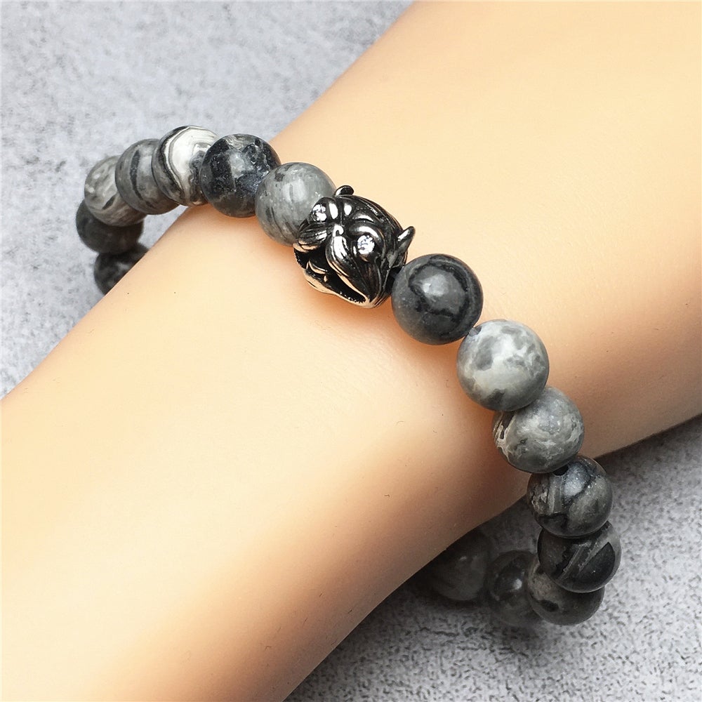 Natural Map Stone Beaded Gemstone Bracelet American Bully Pitbull Charm Jewelry