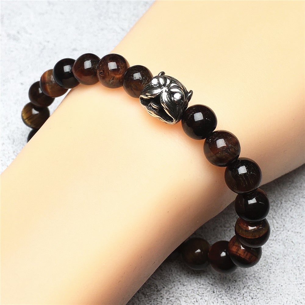 Natural Red Tiger Eye Beaded Gemstone Bracelet American Bully Pitbull Charm Jewelry
