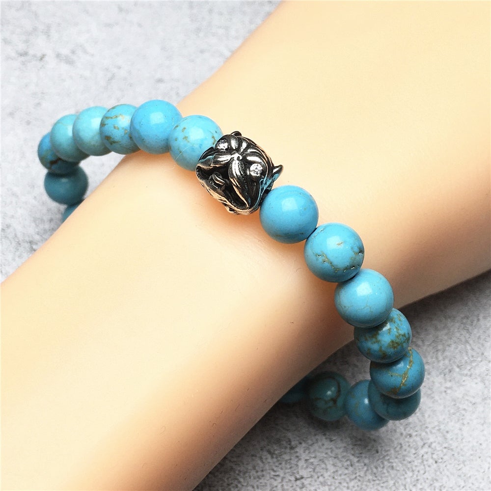 Natural Blue Turquoise Beaded Gemstone Bracelet American Bully Pitbull Charm Jewelry