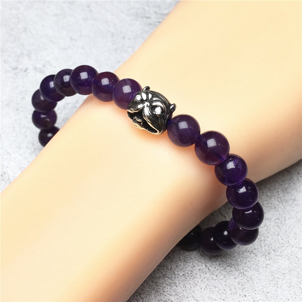 Natural Purple Amethyst Beaded Gemstone Bracelet American Bully Pitbull Charm Jewelry