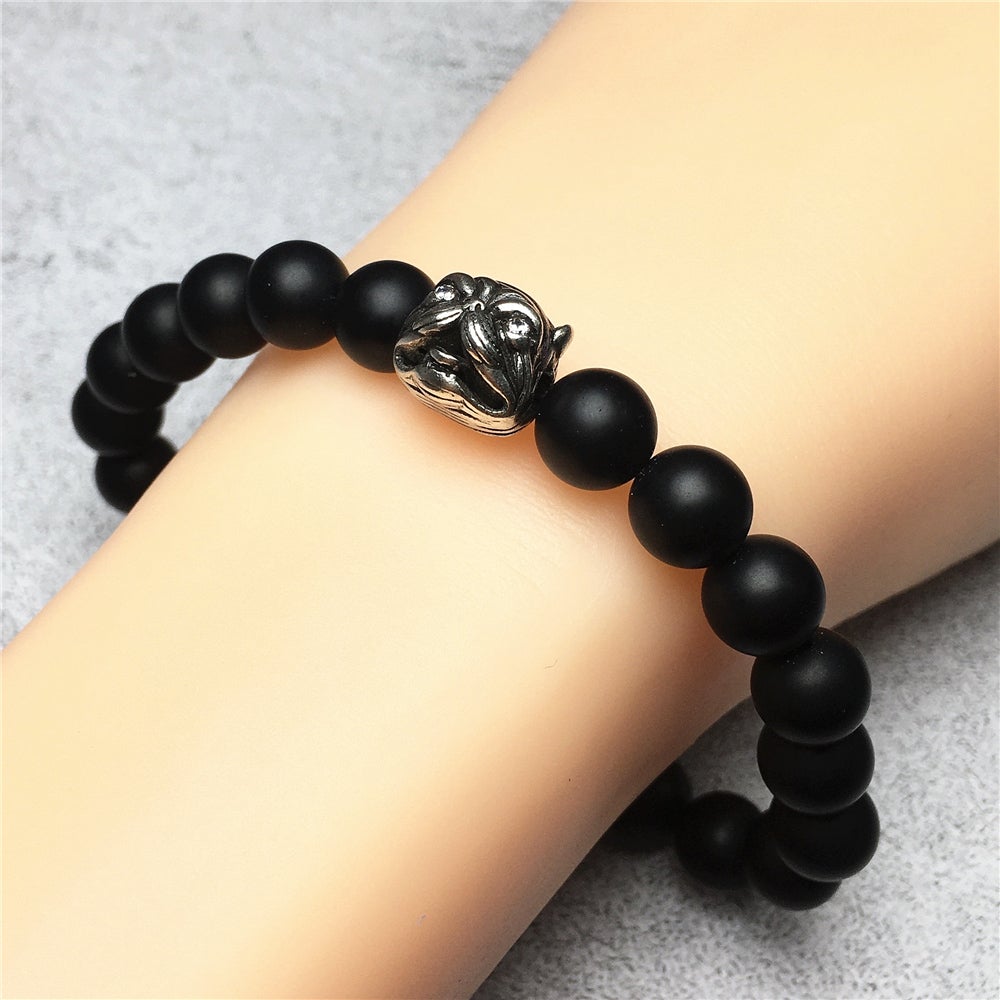Natural Matte Onyx Beaded Gemstone Bracelet American Bully Pitbull Charm Jewelry