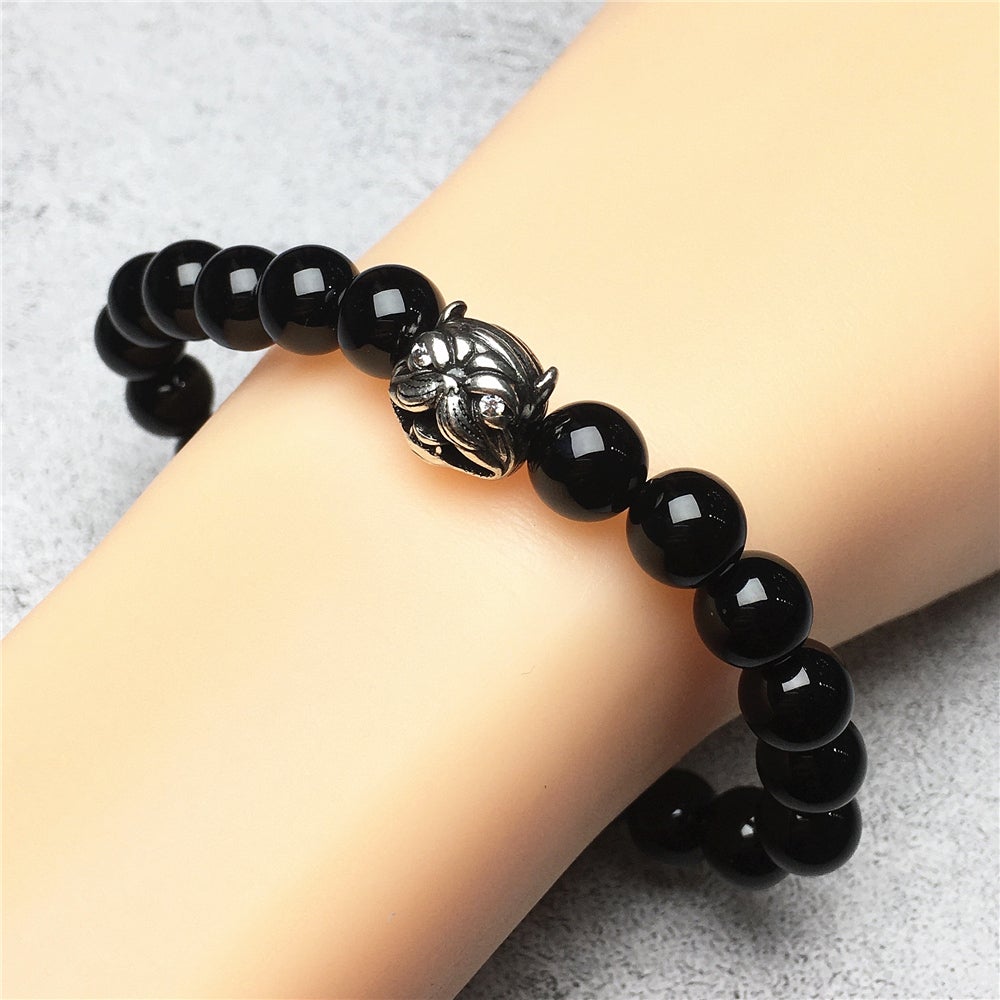 Natural Black Onyx Beaded Gemstone Bracelet American Bully Pitbull Charm Jewelry