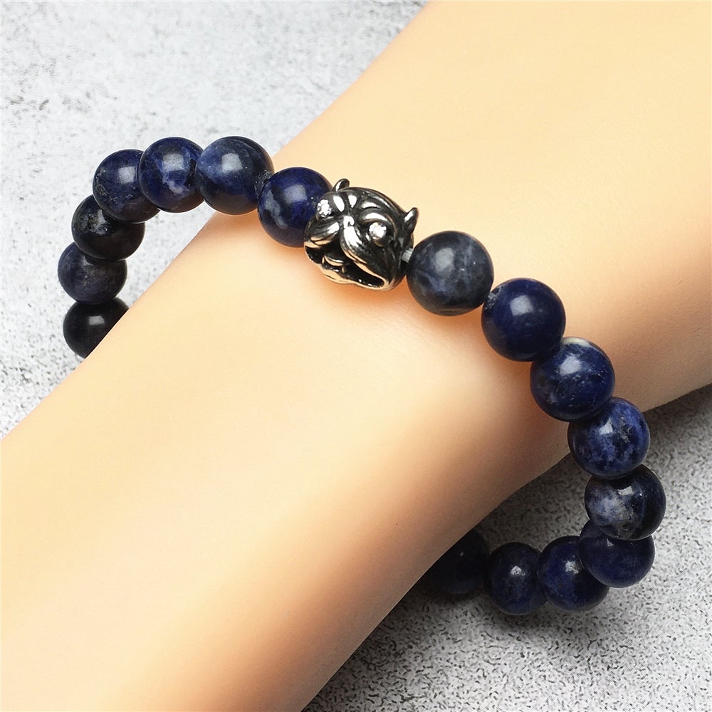 Natural Blue Sodalite Beaded Gemstone Bracelet American Bully Pitbull Charm Jewelry