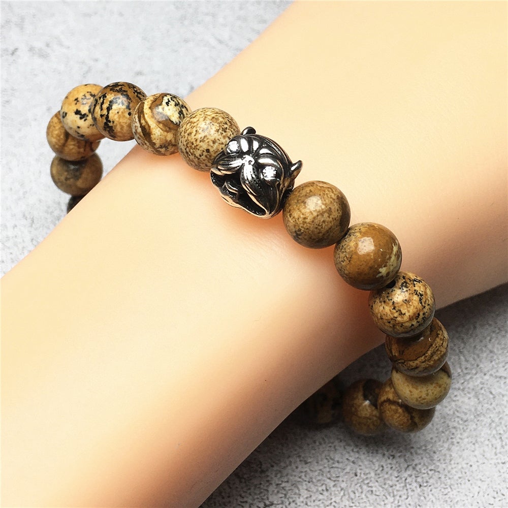 Natural Picture Jasper Stone Beaded Bracelet American Bully Pitbull Charm Jewelry