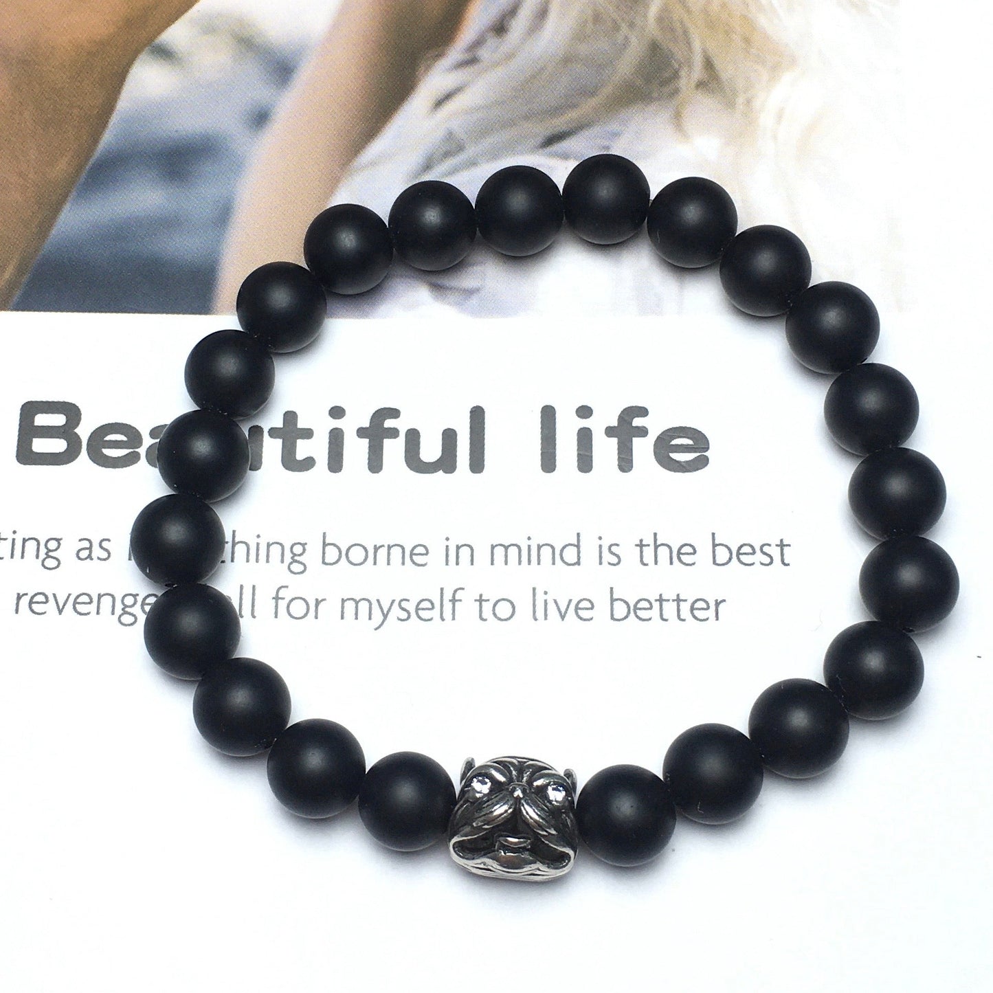 Natural Matte Onyx Beaded Gemstone Bracelet American Bully Pitbull Charm Jewelry