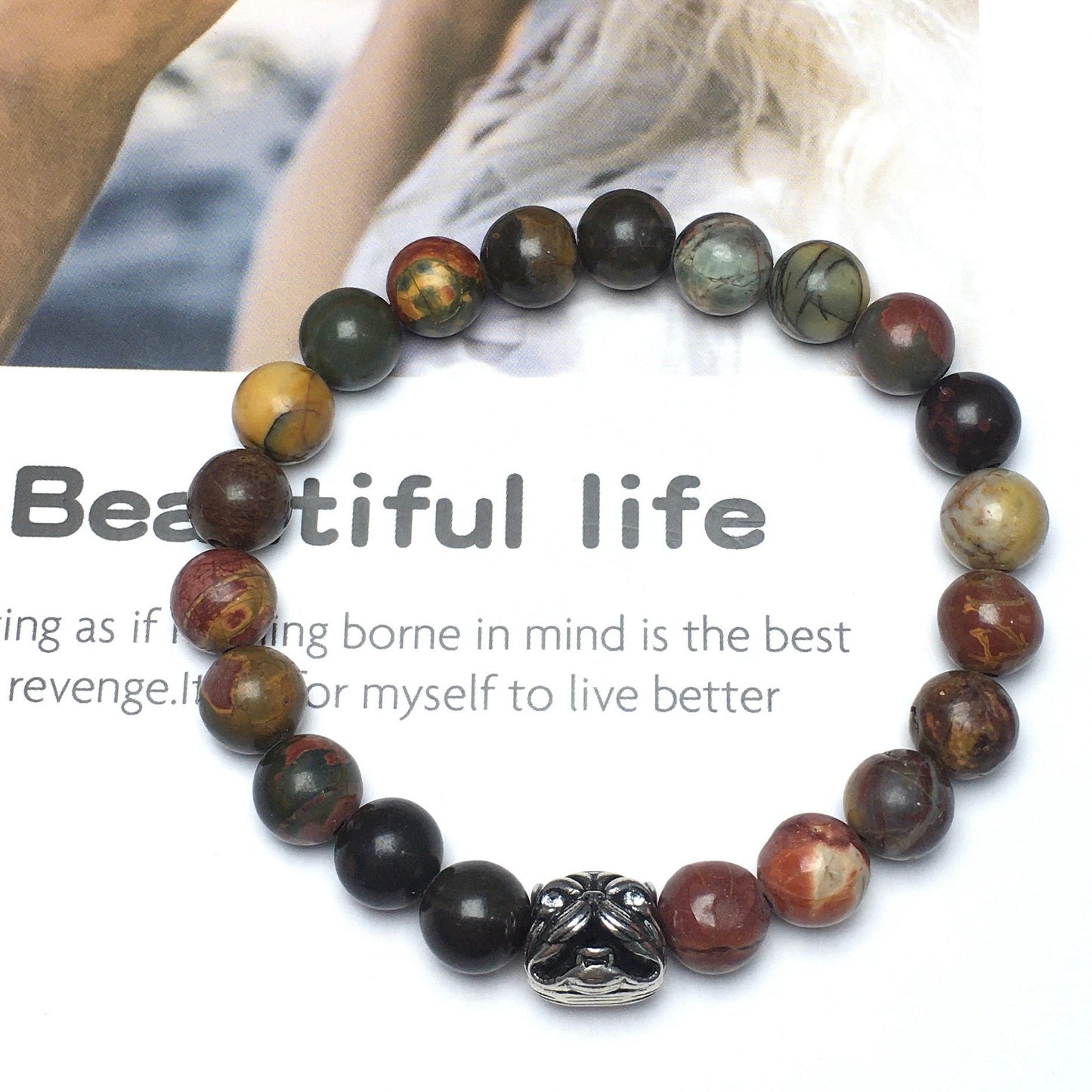 Natural Picasso Jasper Beaded Gemstone Bracelet American Bully Pitbull Charm Jewelry