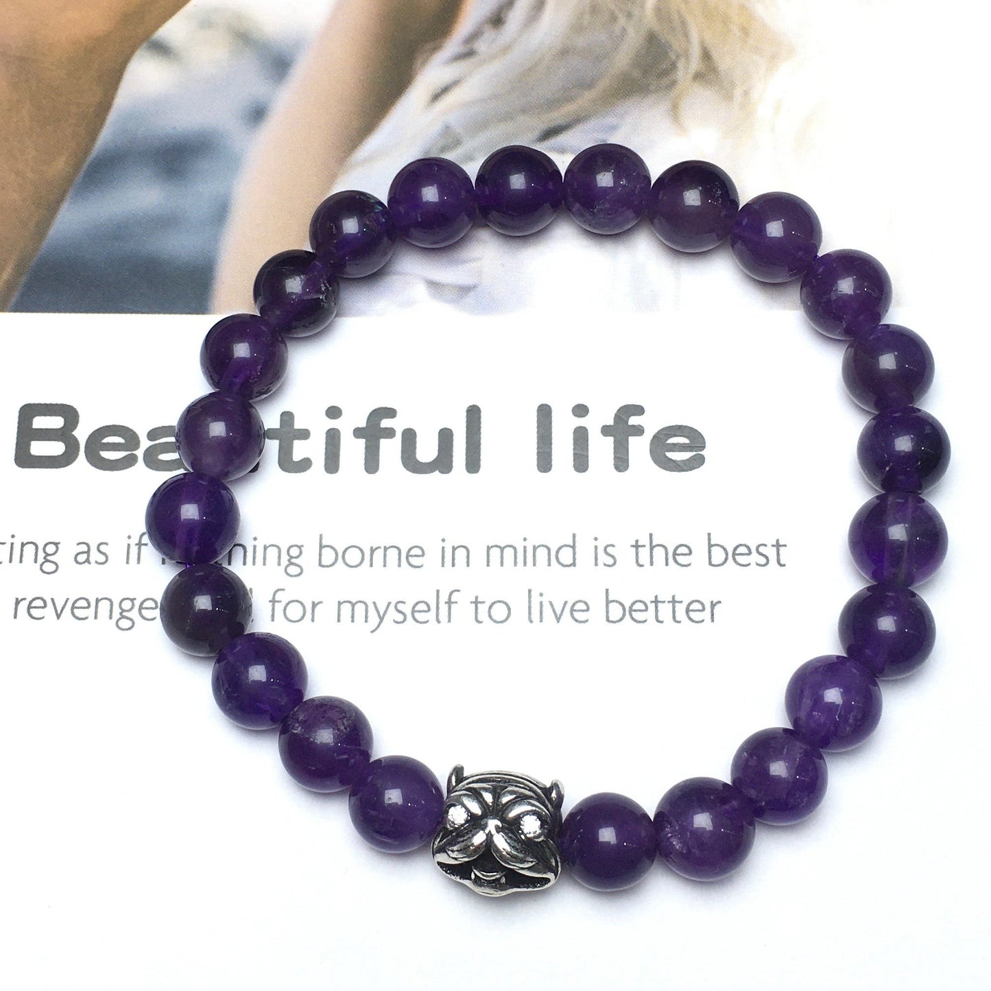 Natural Purple Amethyst Beaded Gemstone Bracelet American Bully Pitbull Charm Jewelry