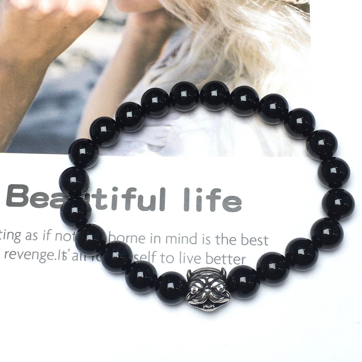 Natural Black Onyx Beaded Gemstone Bracelet American Bully Pitbull Charm Jewelry