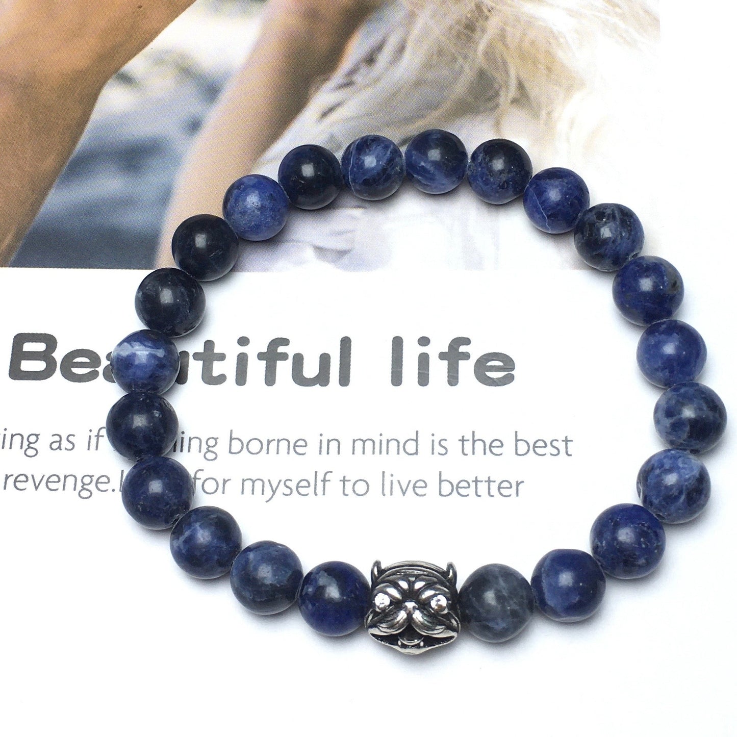 Natural Blue Sodalite Beaded Gemstone Bracelet American Bully Pitbull Charm Jewelry