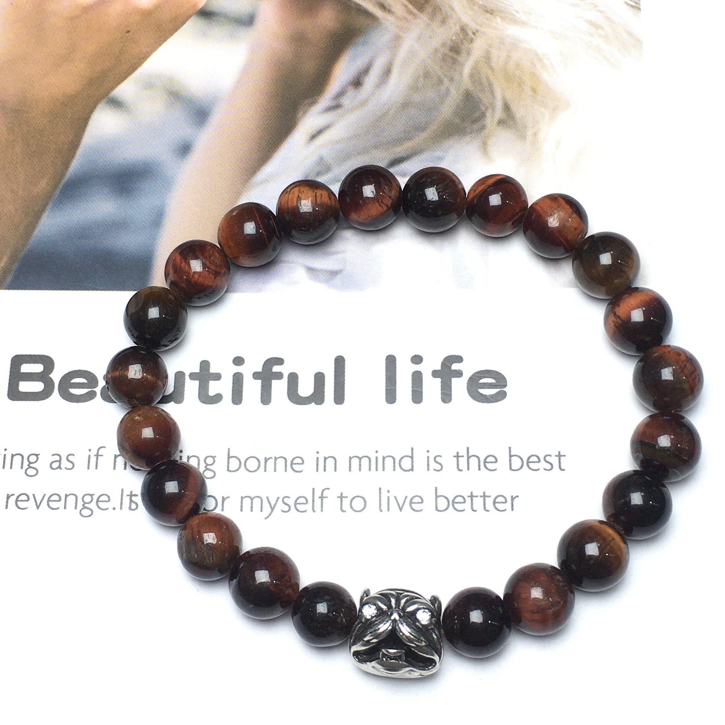 Natural Red Tiger Eye Beaded Gemstone Bracelet American Bully Pitbull Charm Jewelry