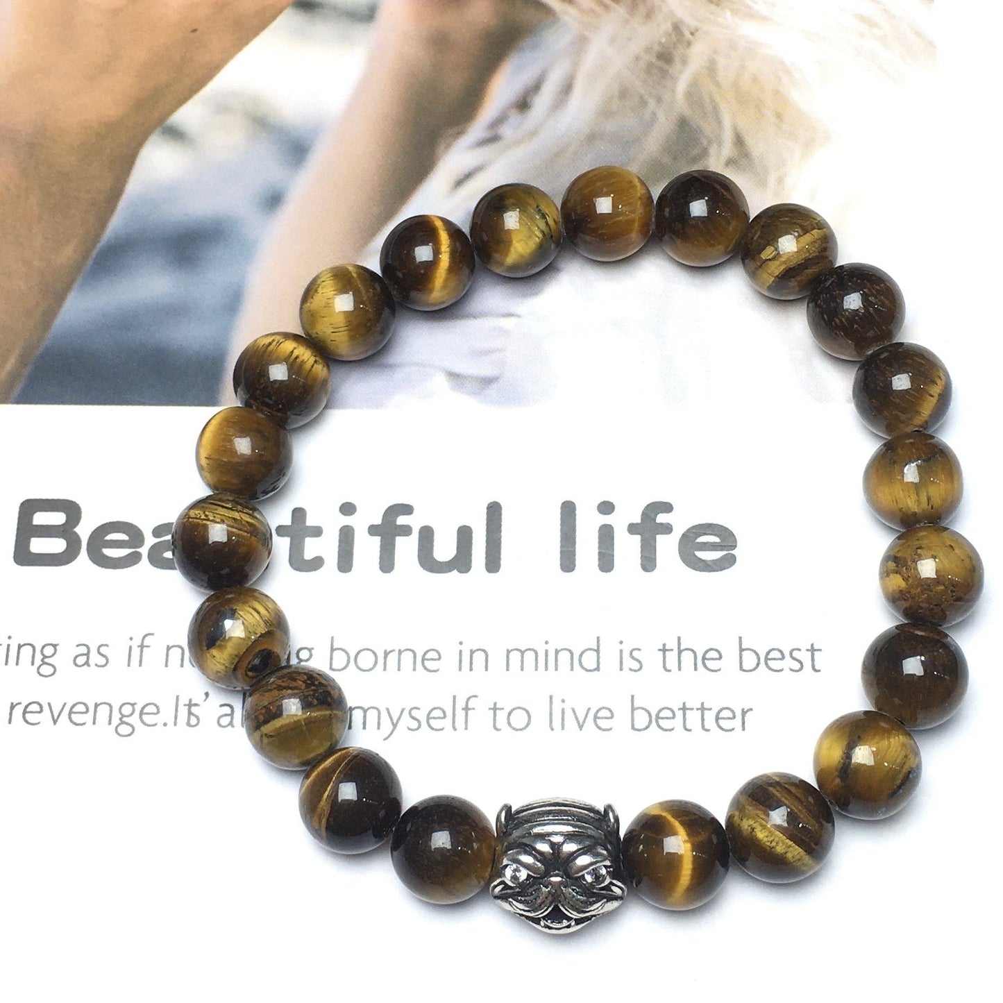 Natural Tiger Eyes Beaded Gemstone Bracelet American Bully Pitbull Charm Jewelry