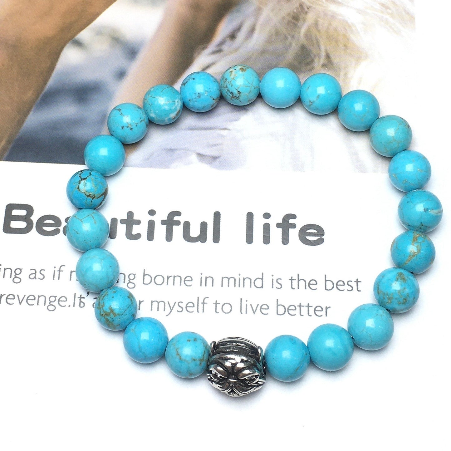 Natural Blue Turquoise Beaded Gemstone Bracelet American Bully Pitbull Charm Jewelry