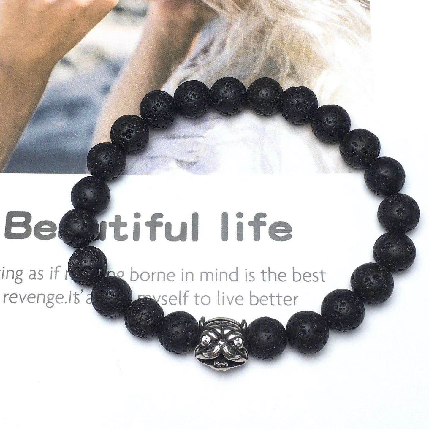 Natural Lava Stone Beaded Gemstone Bracelet American Bully Pitbull Charm Jewelry
