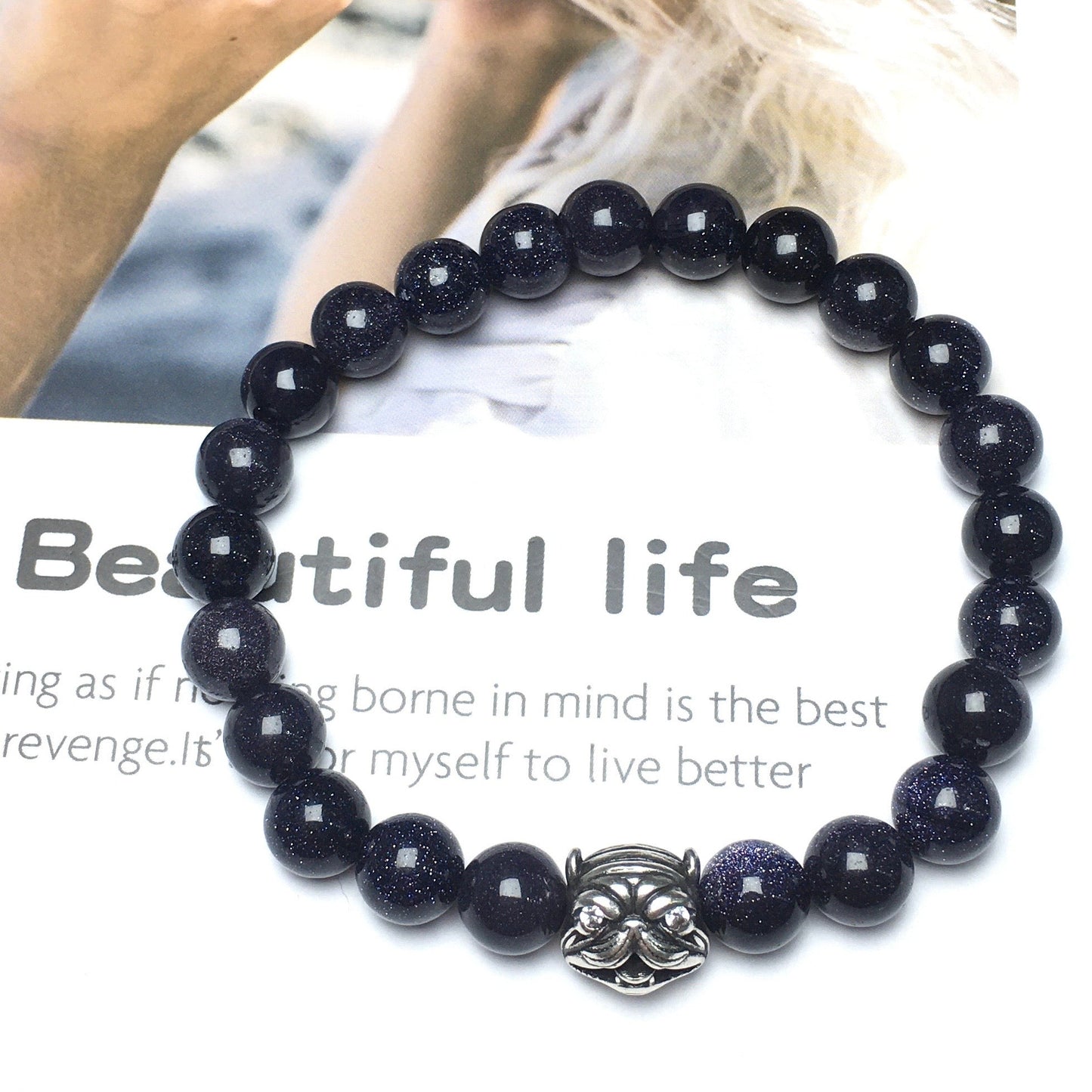 Natural Blue Sandstone Beaded Gemstone Bracelet American Bully Pitbull Charm Jewelry