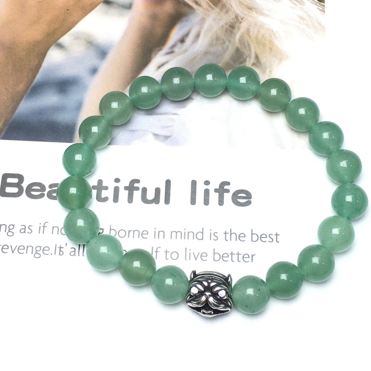 Natural Green Adventurine Beaded Gemstone Bracelet American Bully Pitbull Charm Jewelry