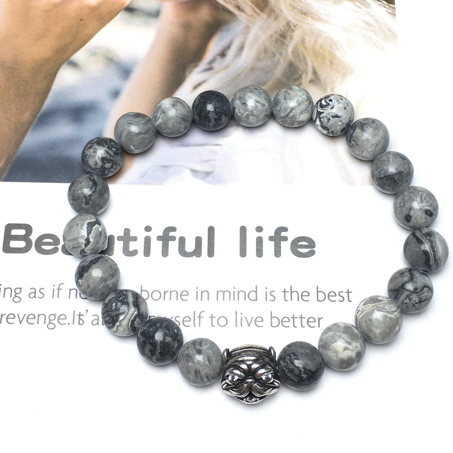 Natural Map Stone Beaded Gemstone Bracelet American Bully Pitbull Charm Jewelry