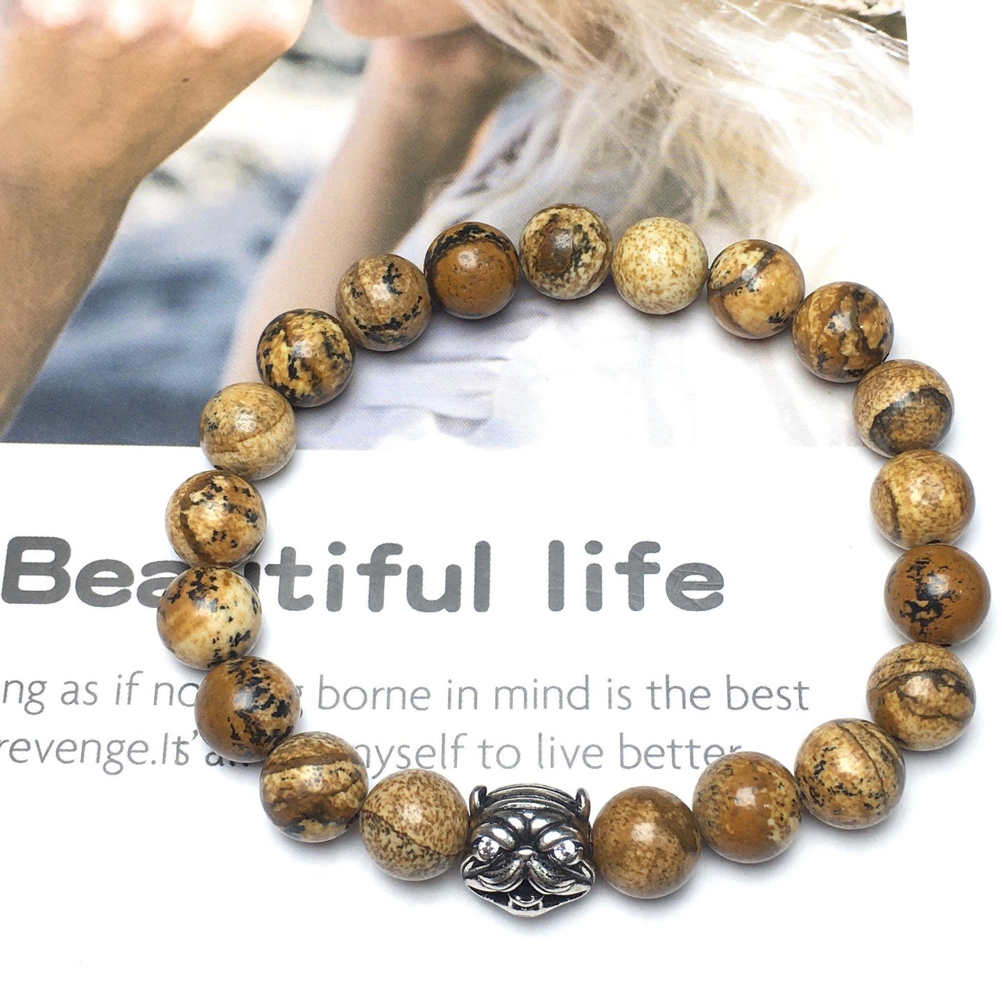 Natural Picture Jasper Stone Beaded Bracelet American Bully Pitbull Charm Jewelry