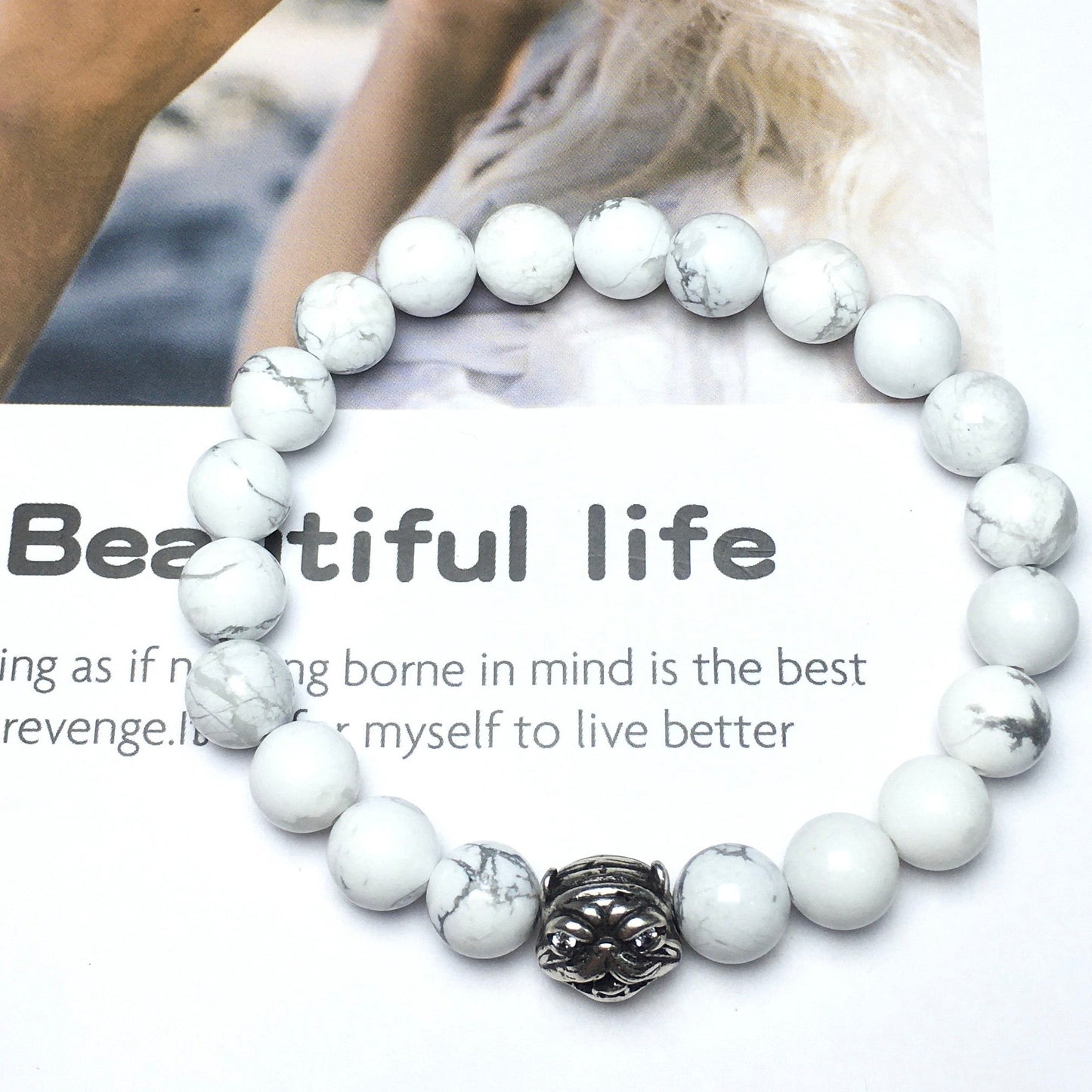 Natural Howlite Beaded Gemstone Bracelet American Bully Pitbull Charm Jewelry