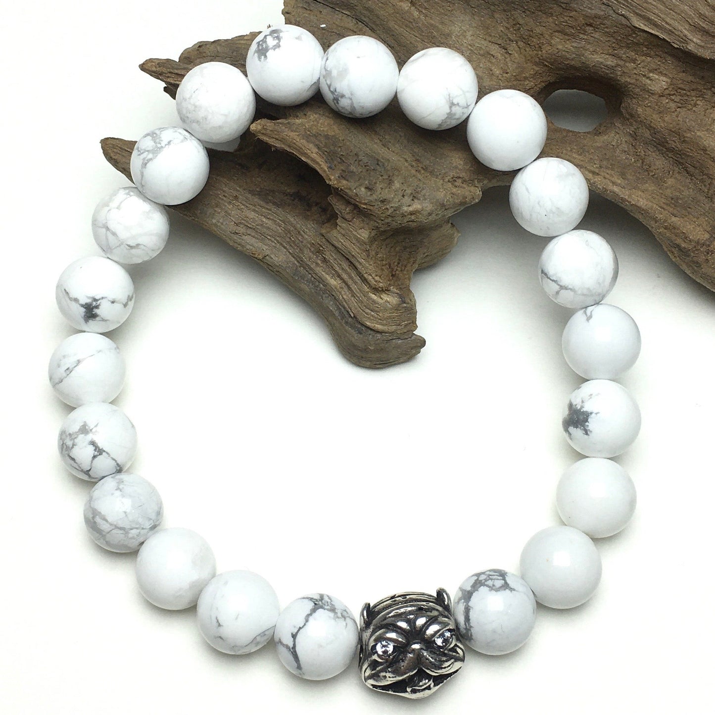 Natural Howlite Beaded Gemstone Bracelet American Bully Pitbull Charm Jewelry