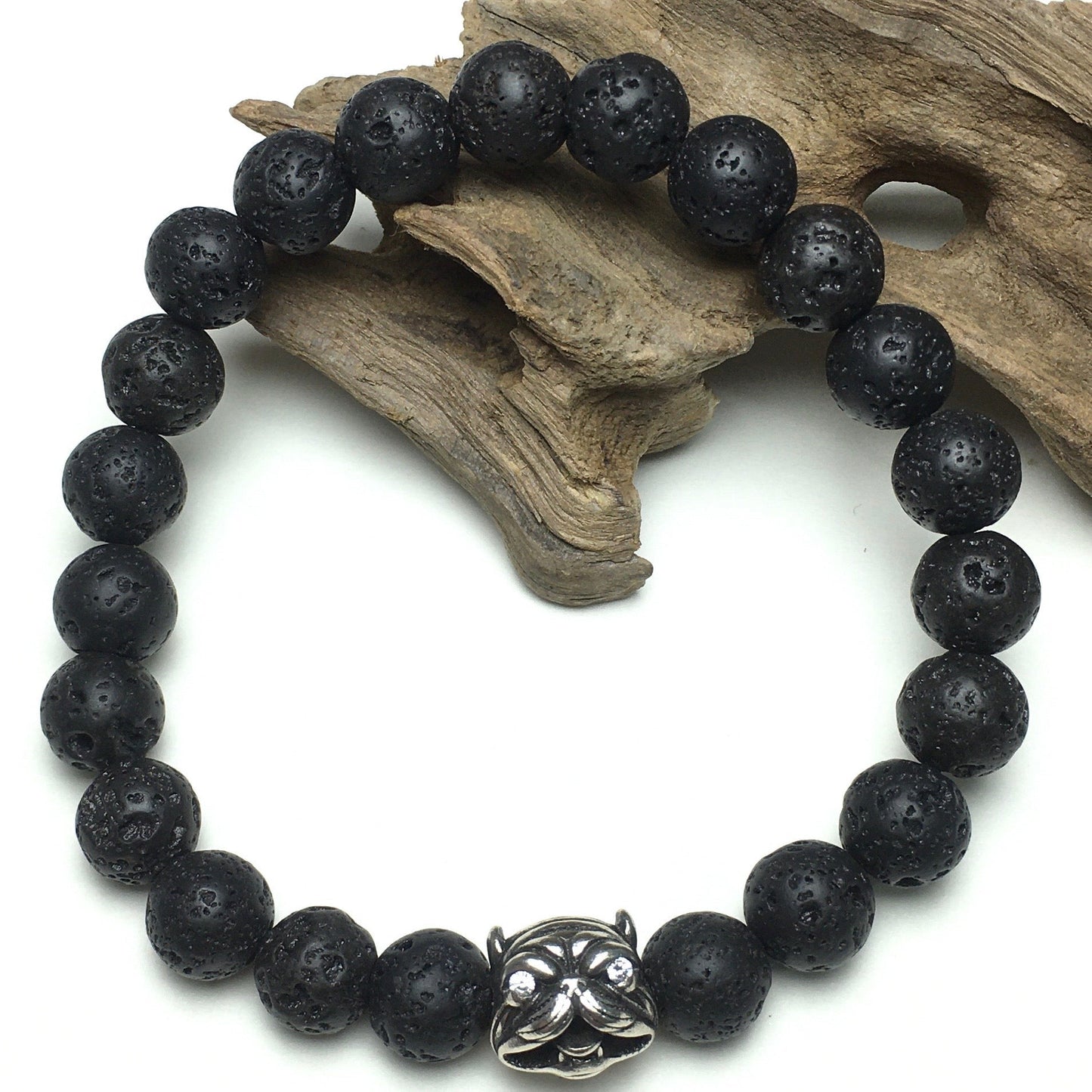 Natural Lava Stone Beaded Gemstone Bracelet American Bully Pitbull Charm Jewelry
