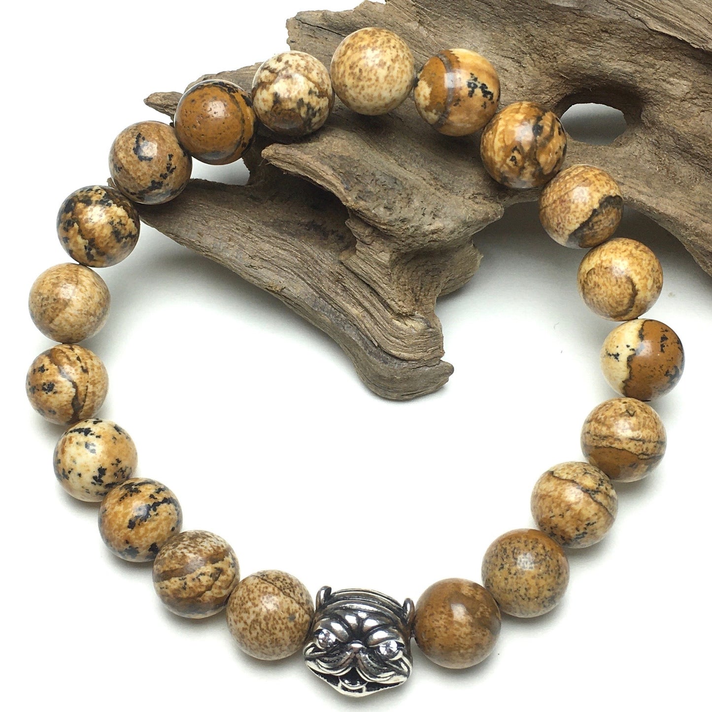 Natural Picture Jasper Stone Beaded Bracelet American Bully Pitbull Charm Jewelry