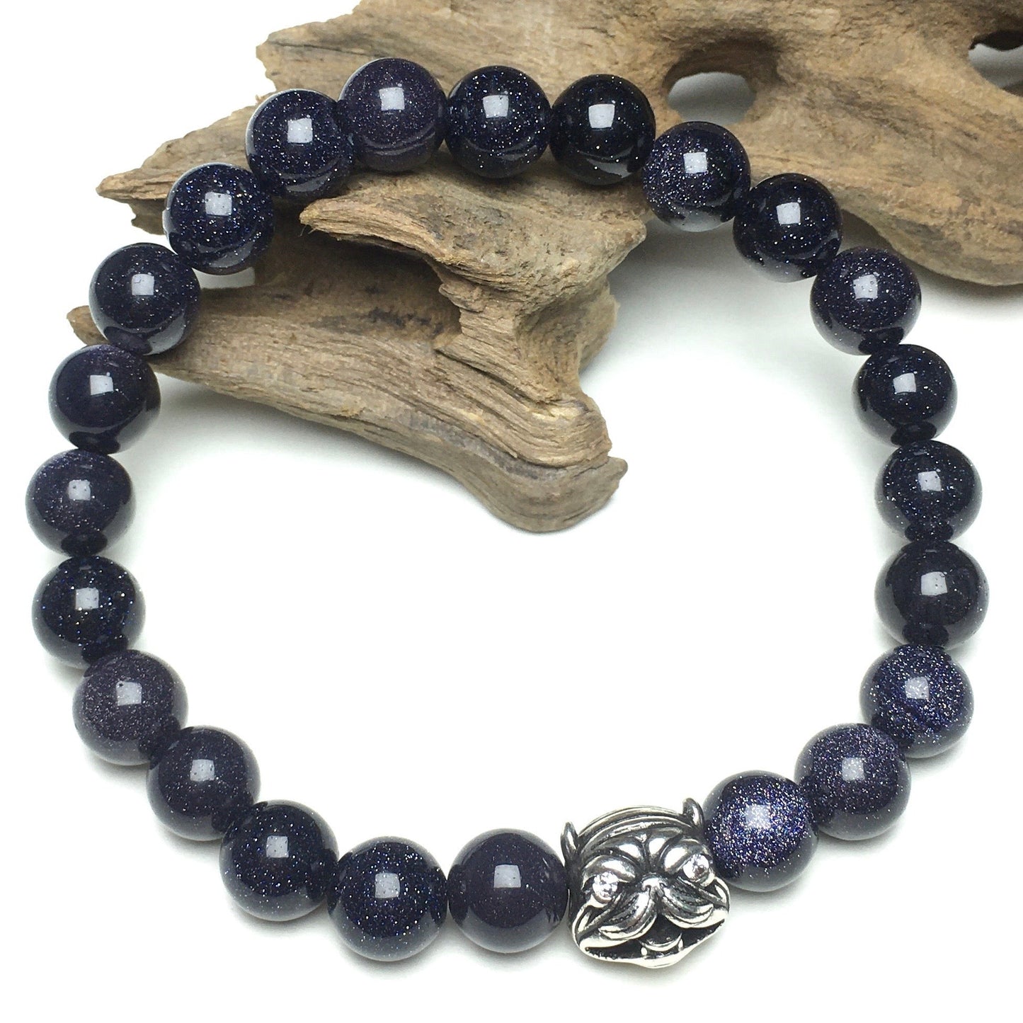 Natural Blue Sandstone Beaded Gemstone Bracelet American Bully Pitbull Charm Jewelry