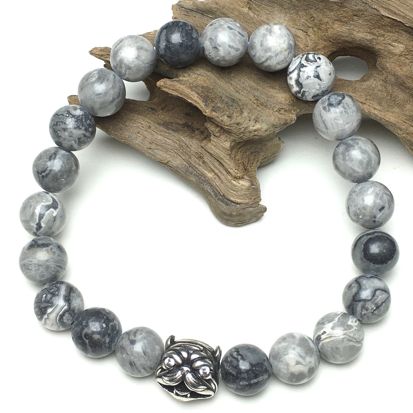 Natural Map Stone Beaded Gemstone Bracelet American Bully Pitbull Charm Jewelry