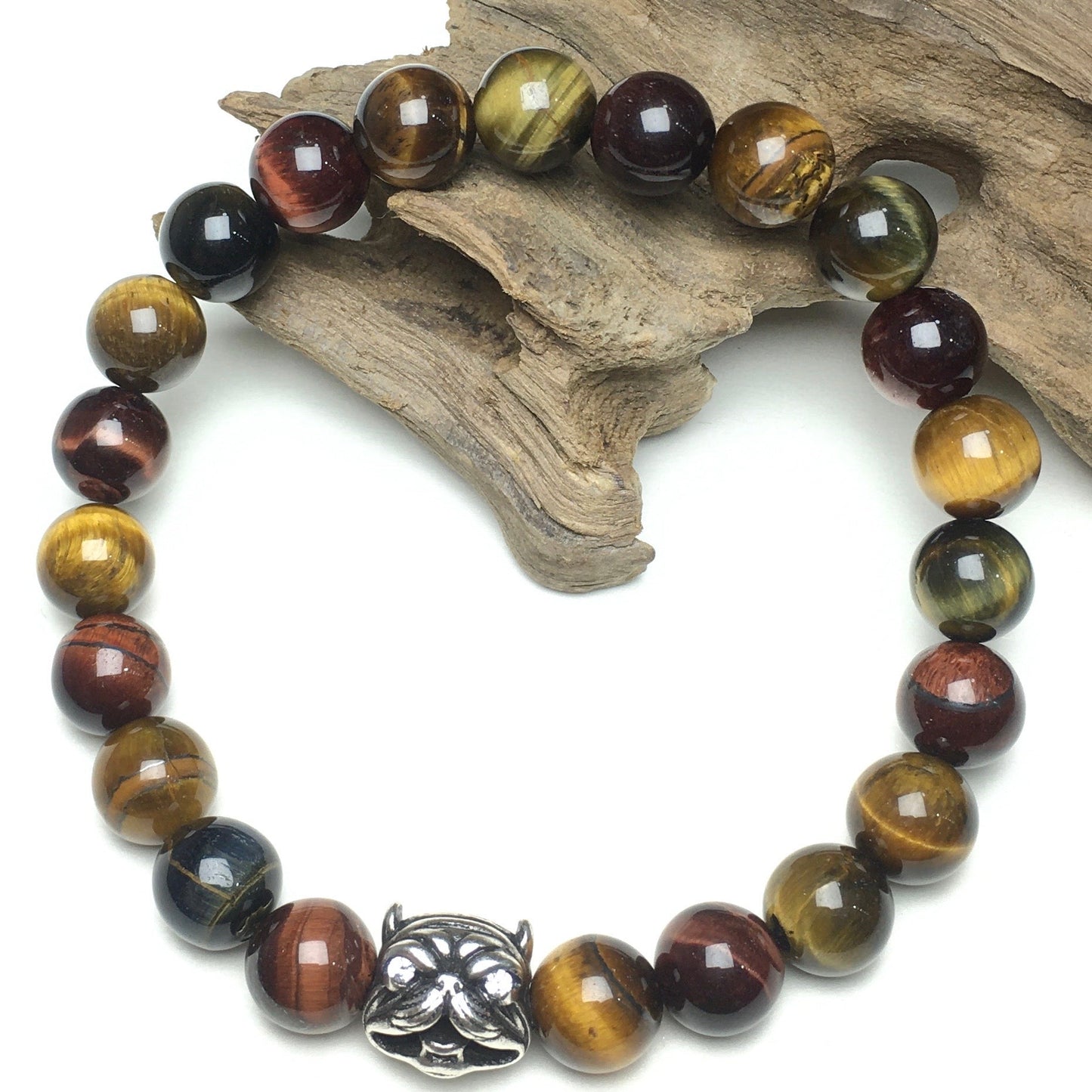 Natural Tiger Eyes Beaded Gemstone Bracelet American Bully Pitbull Charm Jewelry