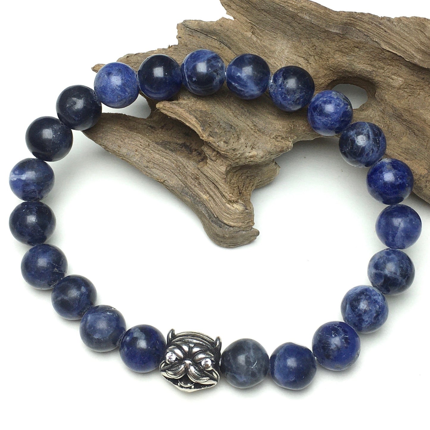 Natural Blue Sodalite Beaded Gemstone Bracelet American Bully Pitbull Charm Jewelry