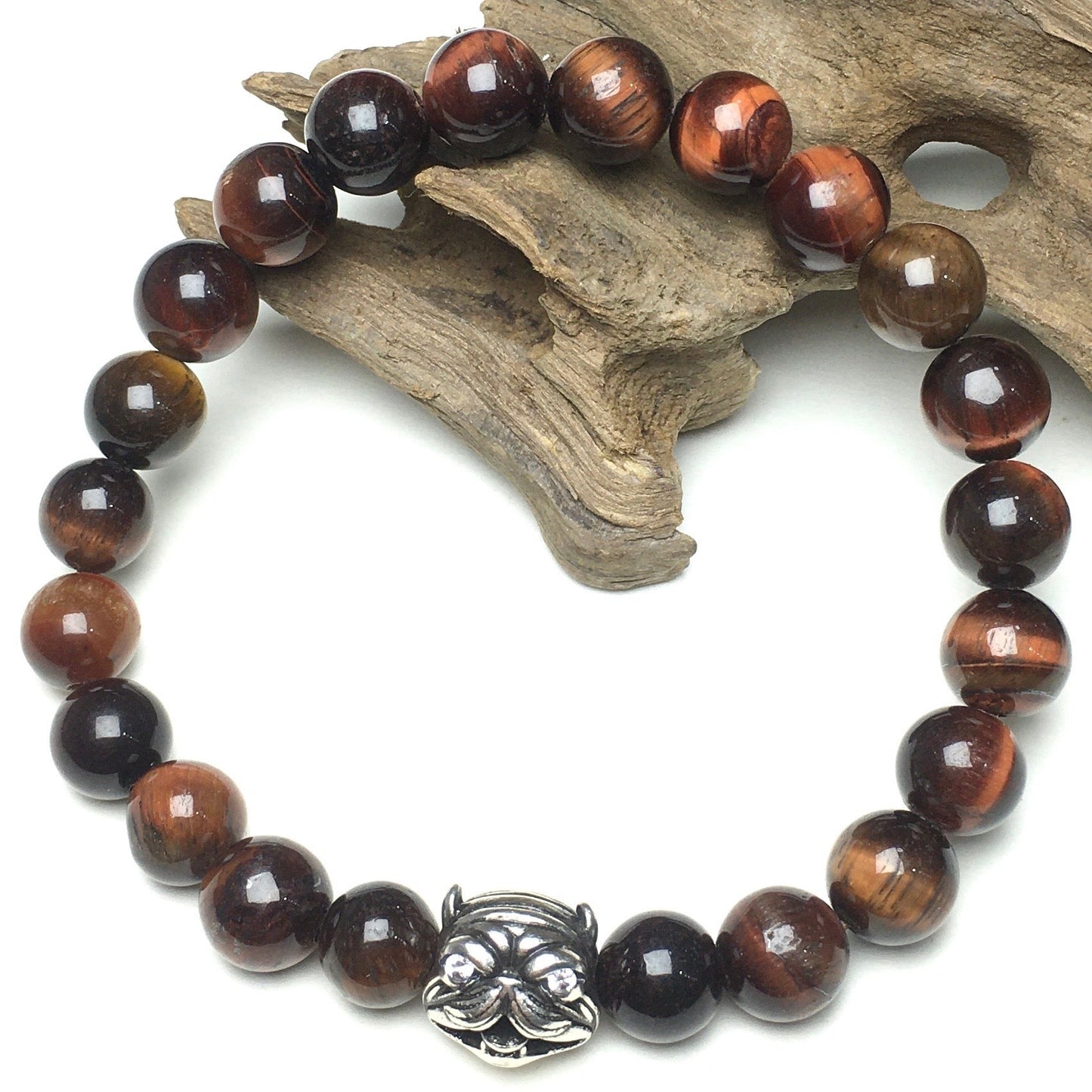 Natural Red Tiger Eye Beaded Gemstone Bracelet American Bully Pitbull Charm Jewelry