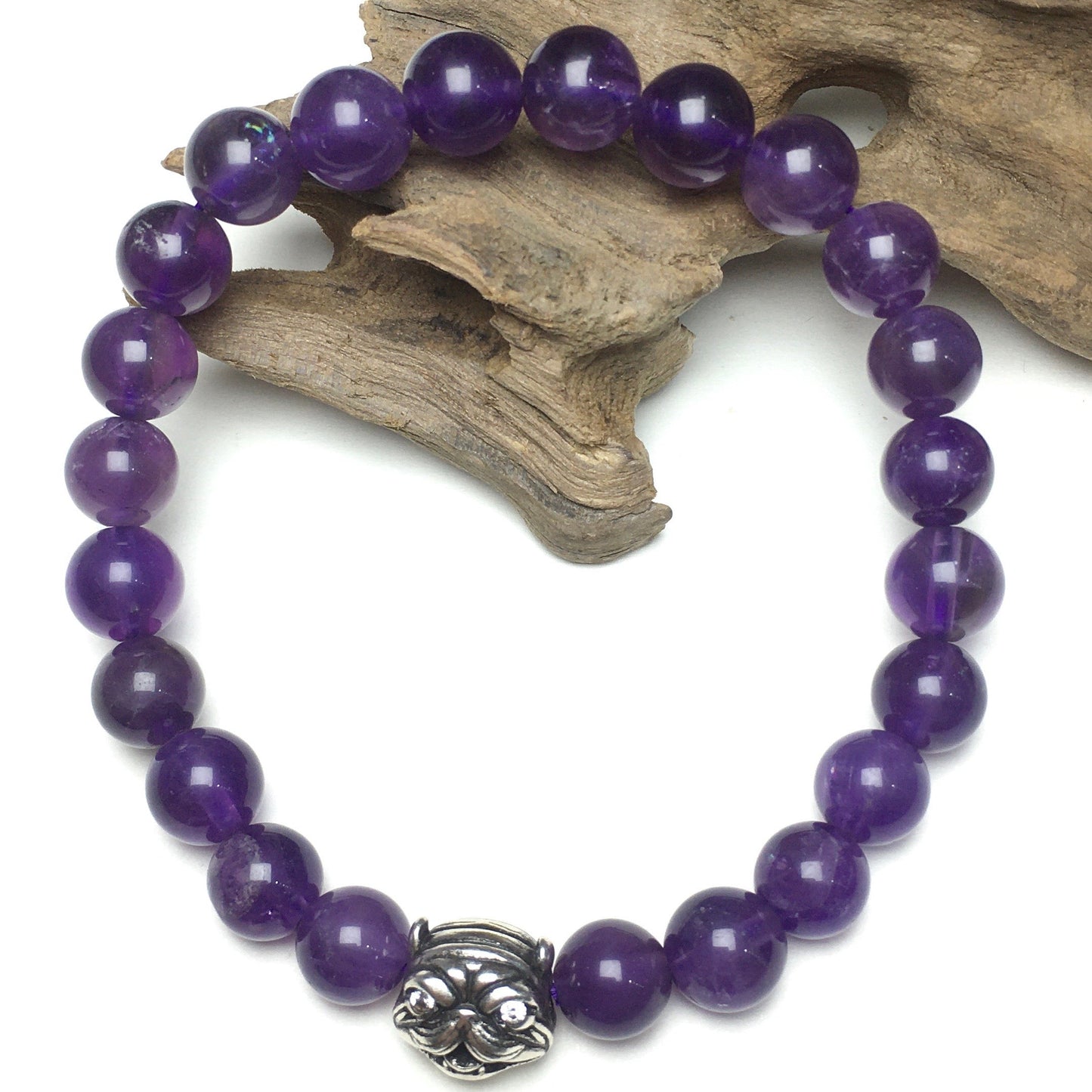 Natural Purple Amethyst Beaded Gemstone Bracelet American Bully Pitbull Charm Jewelry