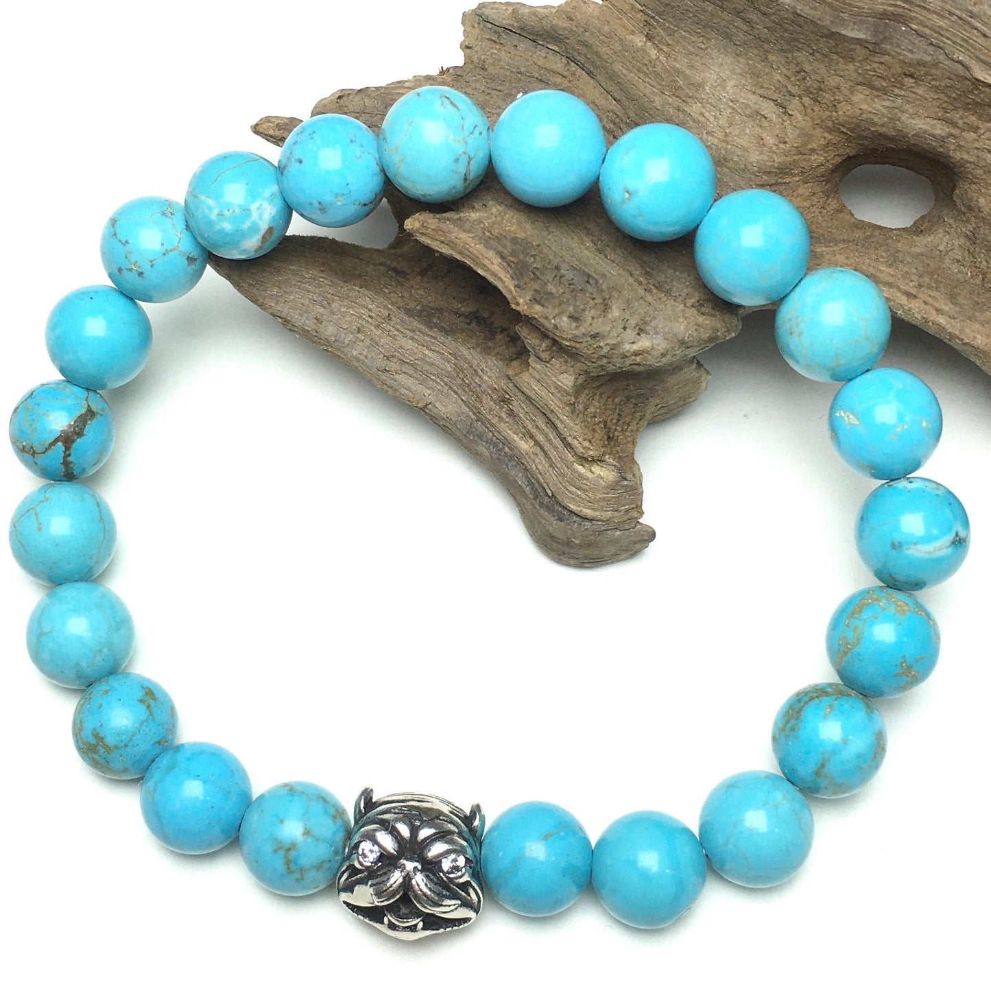 Natural Blue Turquoise Beaded Gemstone Bracelet American Bully Pitbull Charm Jewelry