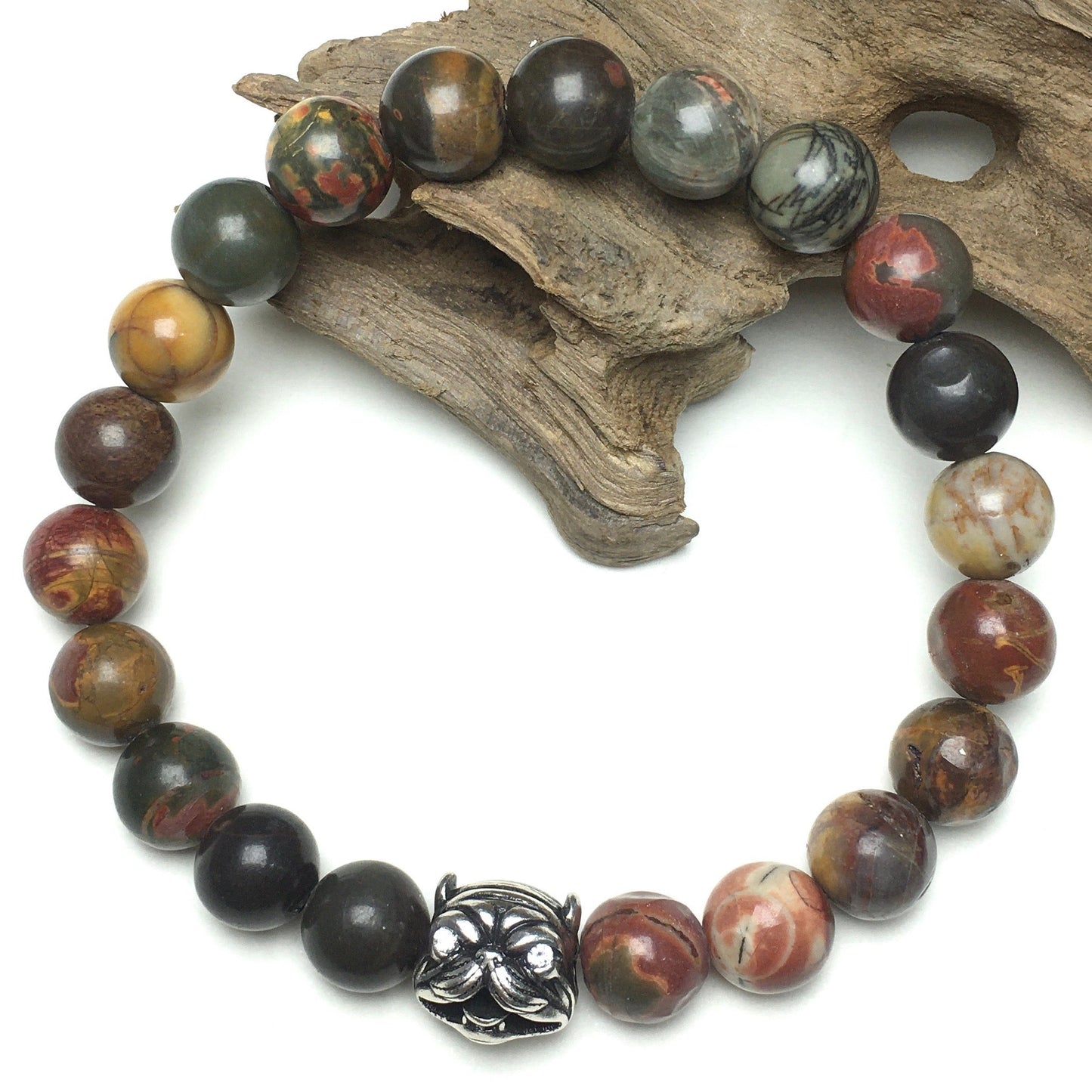 Natural Picasso Jasper Beaded Gemstone Bracelet American Bully Pitbull Charm Jewelry