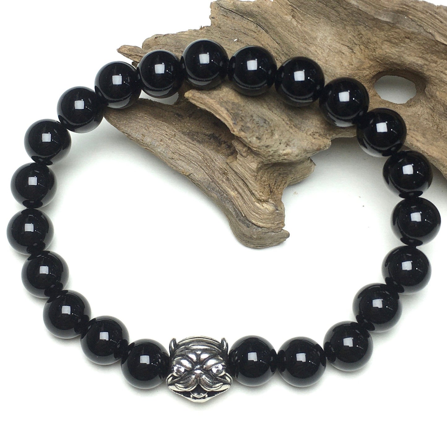 Natural Black Onyx Beaded Gemstone Bracelet American Bully Pitbull Charm Jewelry